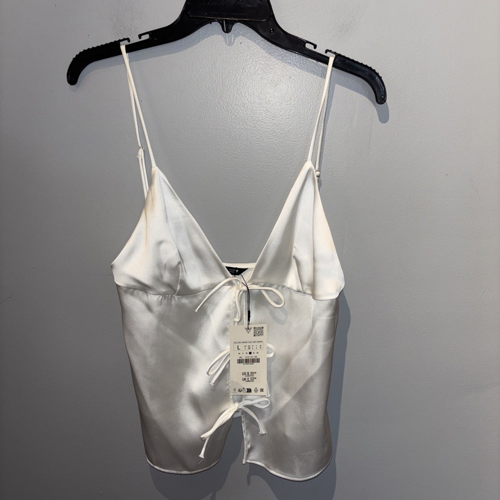 Zara Satin Camisole Top Front Bow Ties Spaghetti‎ Strap White Women's Size L NWT